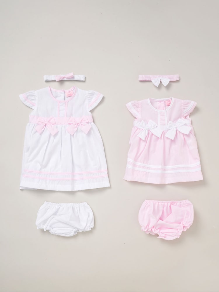 Blanco - Rock-A-Bye Baby Boutique Pink 100% Cotton Dress Knickers and Bow Headband Outfit Set - Imagen 1 de 3