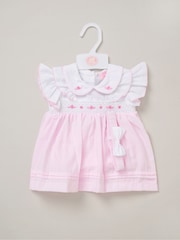 Rock-A-Bye Baby Boutique Pink 100% Cotton Dress Knickers and Bow Headband Outfit Set - Image 2 of 3