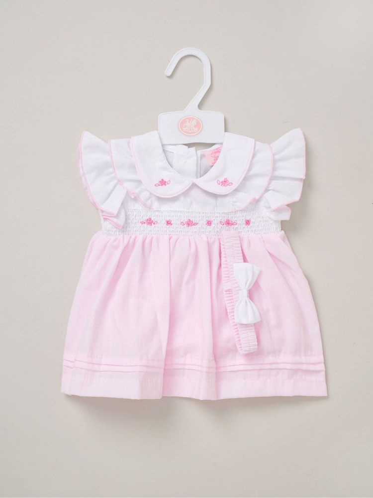 Rock-A-Bye Baby Boutique Pink 100% Cotton Dress Knickers and Bow Headband Outfit Set - Image 2 of 3