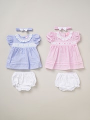 Rock-A-Bye Baby Boutique Pink 100% Cotton Dress Knickers and Bow Headband 2 Pack Outfit Set - Image 1 of 5