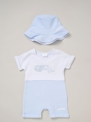 Rock-A-Bye Baby Boutique Blue 100% Cotton Printed Romper and Reversible Hat Outfit Set - Image 1 of 5