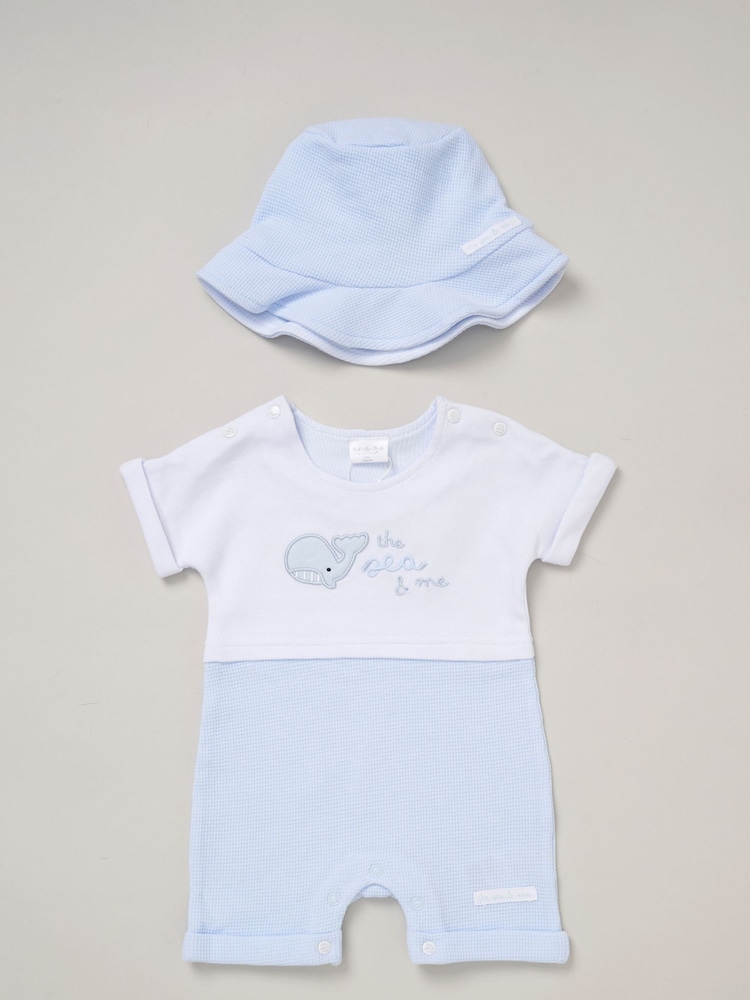 Rock-A-Bye Baby Boutique Blue 100% Cotton Printed Romper and Reversible Hat Outfit Set - Image 1 of 5