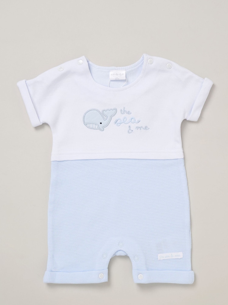 Rock-A-Bye Baby Boutique Blue 100% Cotton Printed Romper and Reversible Hat Outfit Set - Image 2 of 5
