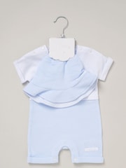 Rock-A-Bye Baby Boutique Blue 100% Cotton Printed Romper and Reversible Hat Outfit Set - Image 3 of 5