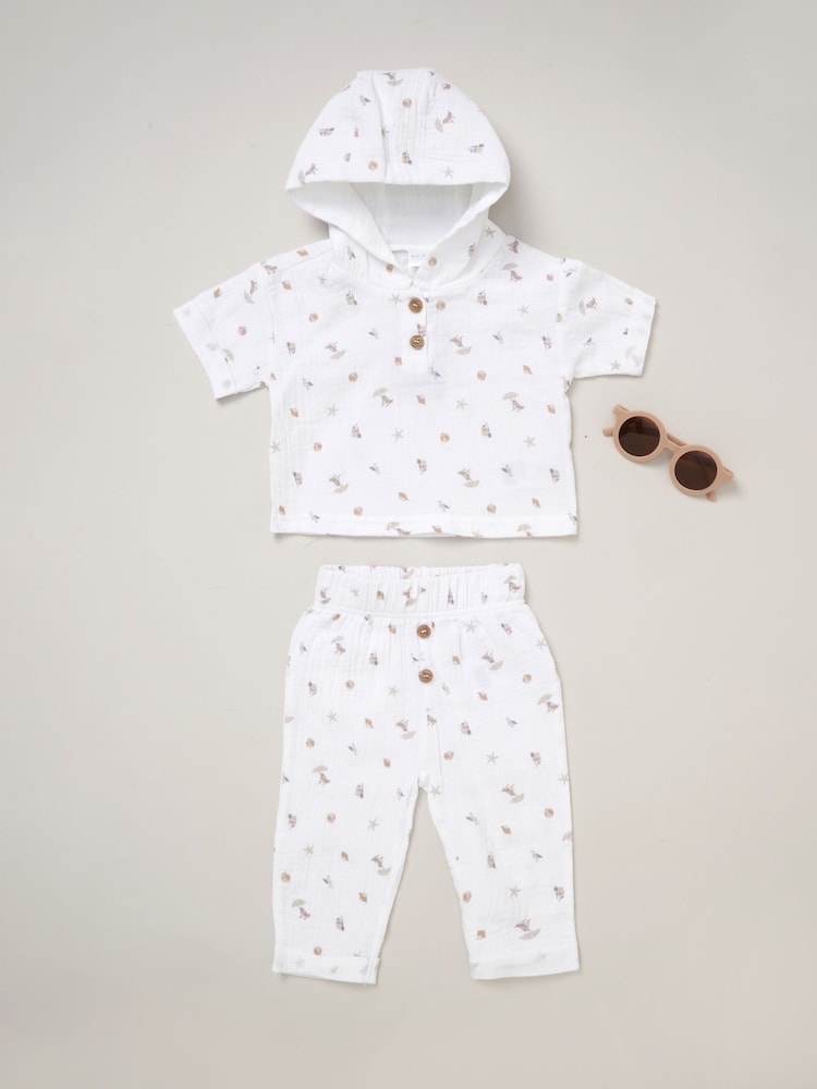 Rock-A-Bye Baby Boutique 100% Cotton Printed White Hooded And Joggers Set - Image 1 of 5