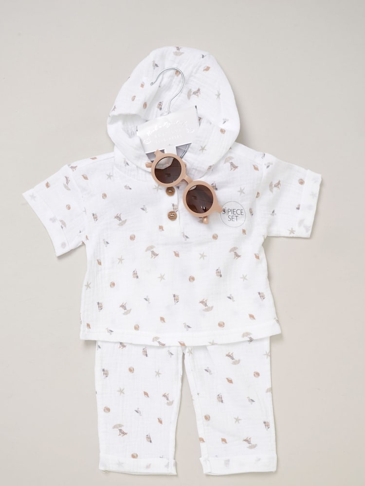 Rock-A-Bye Baby Boutique 100% Cotton Printed White Hooded And Joggers Set - Image 2 of 5