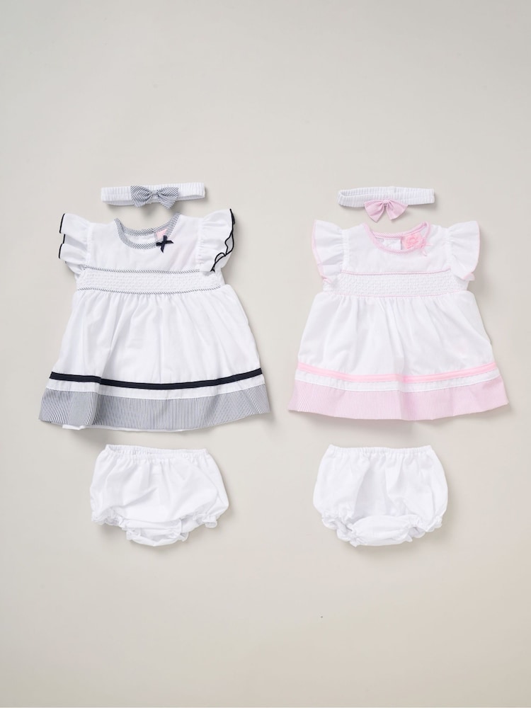 Rock-A-Bye Baby Boutique Pink 100% Cotton Dress Knickers and Bow Headband Outfit Set - Image 1 of 5