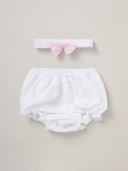 Rock-A-Bye Baby Boutique Pink 100% Cotton Dress Knickers and Bow Headband Outfit Set - Image 2 of 5