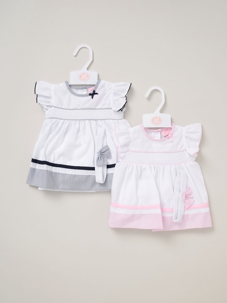 Rock-A-Bye Baby Boutique Pink 100% Cotton Dress Knickers and Bow Headband Outfit Set - Image 4 of 5