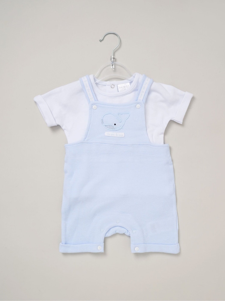 Rock-A-Bye Baby Boutique Blue 100% Cotton Waffle Dungarees and Printed T-Shirt Outfit Set - Изображение 1 из 2