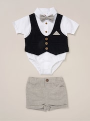 Little Gent 100% Cotton Bodysuit Brown Shirt with Mock Waistcoat Shorts and Bowtie Outfit Set - Image 1 of 5
