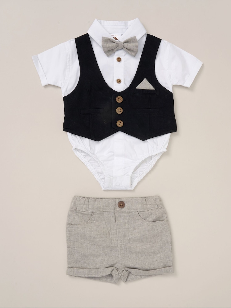 Little Gent 100% Cotton Bodysuit Brown Shirt with Mock Waistcoat Shorts and Bowtie Outfit Set - Image 1 of 5