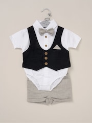 Little Gent 100% Cotton Bodysuit Brown Shirt with Mock Waistcoat Shorts and Bowtie Outfit Set - Image 2 of 5