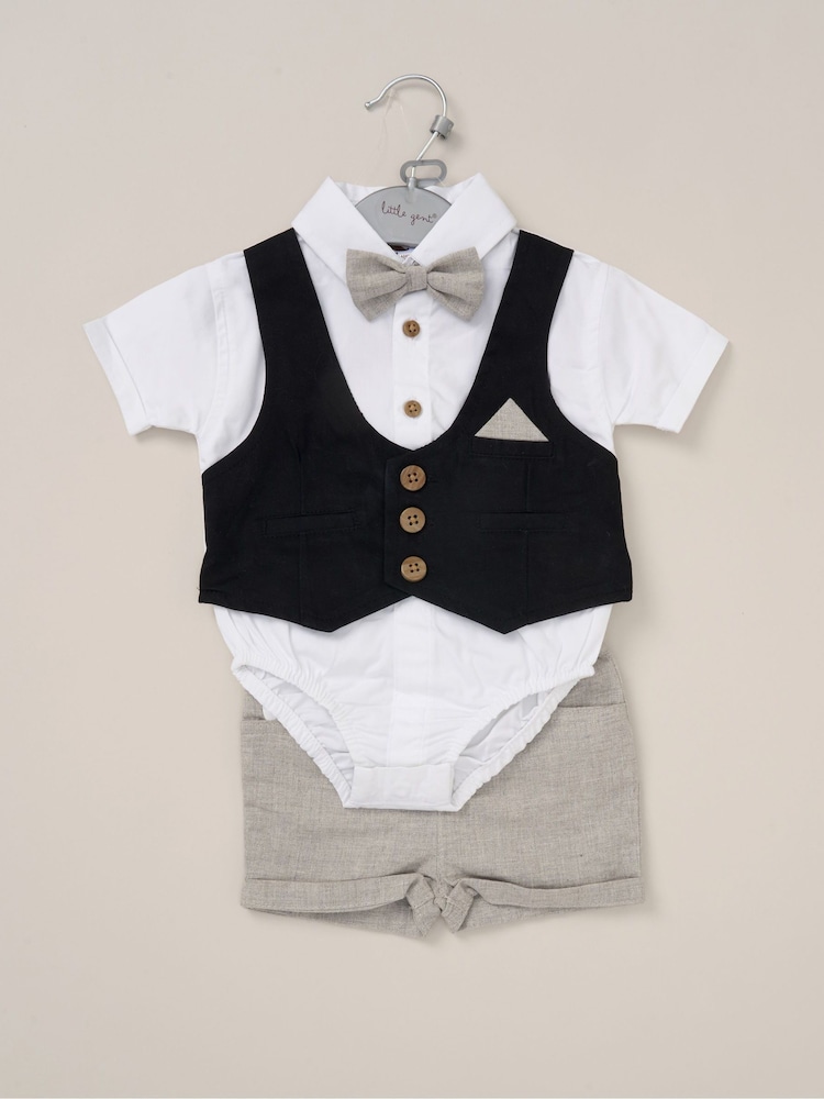 Little Gent 100% Cotton Bodysuit Brown Shirt with Mock Waistcoat Shorts and Bowtie Outfit Set - Image 2 of 5