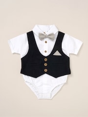 Little Gent 100% Cotton Bodysuit Brown Shirt with Mock Waistcoat Shorts and Bowtie Outfit Set - Image 3 of 5