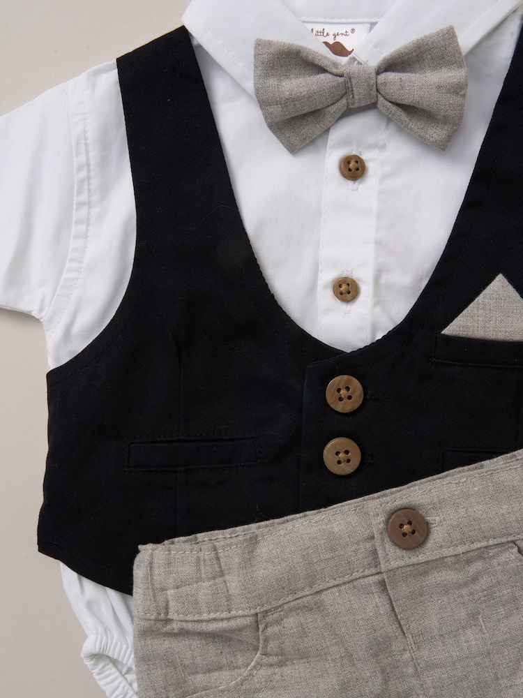 Little Gent 100% Cotton Bodysuit Brown Shirt with Mock Waistcoat Shorts and Bowtie Outfit Set - Image 5 of 5