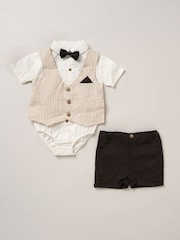 Little Gent 100% Cotton Bodysuit Brown Shirt with Mock Waistcoat Shorts and Bowtie Outfit Set - Image 1 of 5