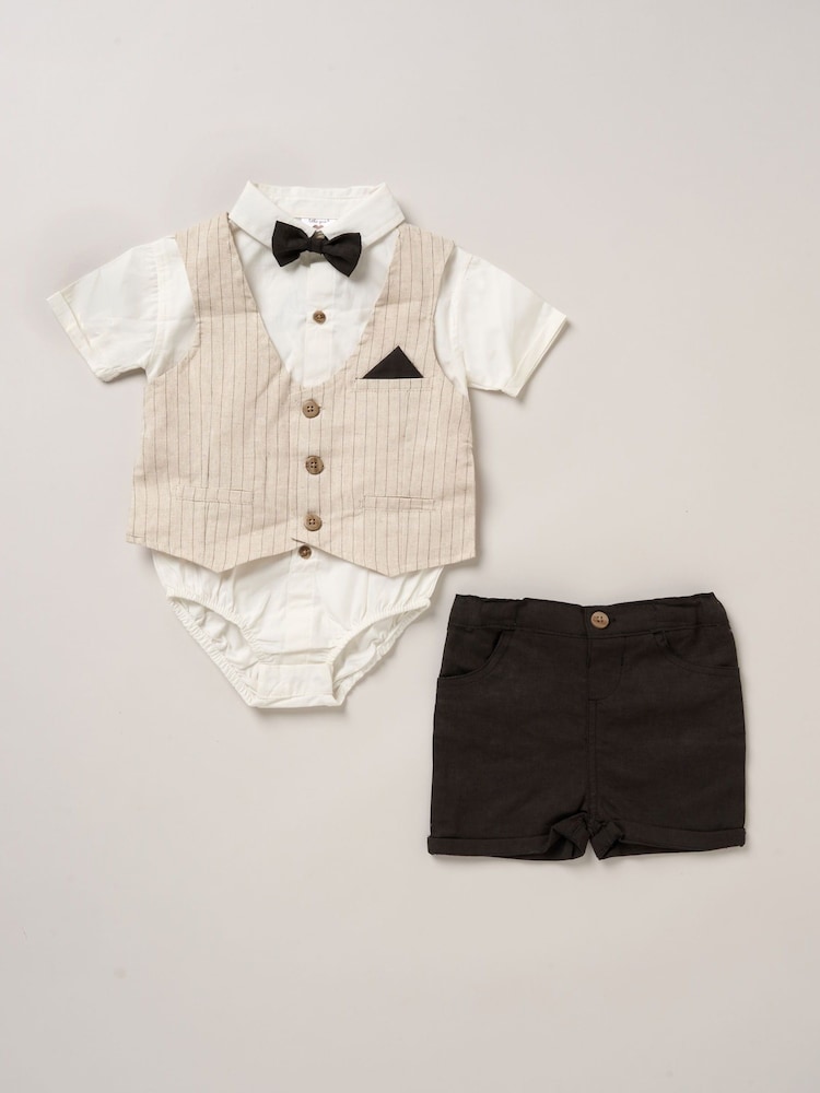 Little Gent 100% Cotton Bodysuit Brown Shirt with Mock Waistcoat Shorts and Bowtie Outfit Set - Image 1 of 5