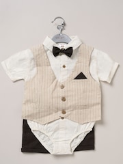 Little Gent 100% Cotton Bodysuit Brown Shirt with Mock Waistcoat Shorts and Bowtie Outfit Set - Image 2 of 5