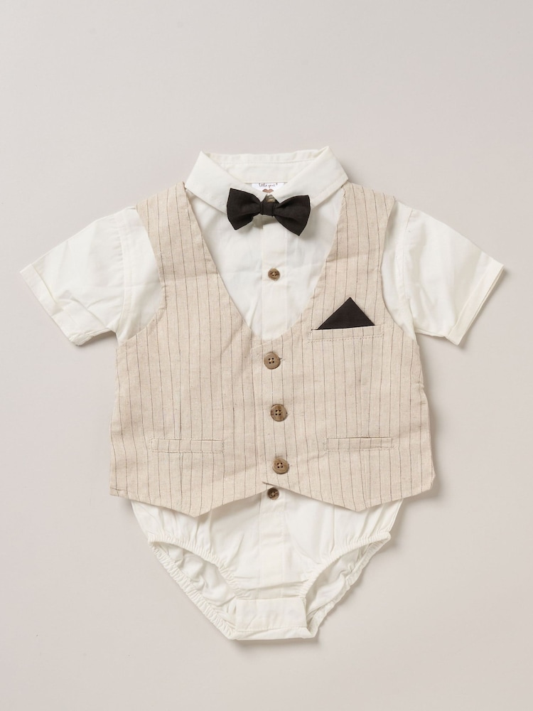 Little Gent 100% Cotton Bodysuit Brown Shirt with Mock Waistcoat Shorts and Bowtie Outfit Set - Image 3 of 5