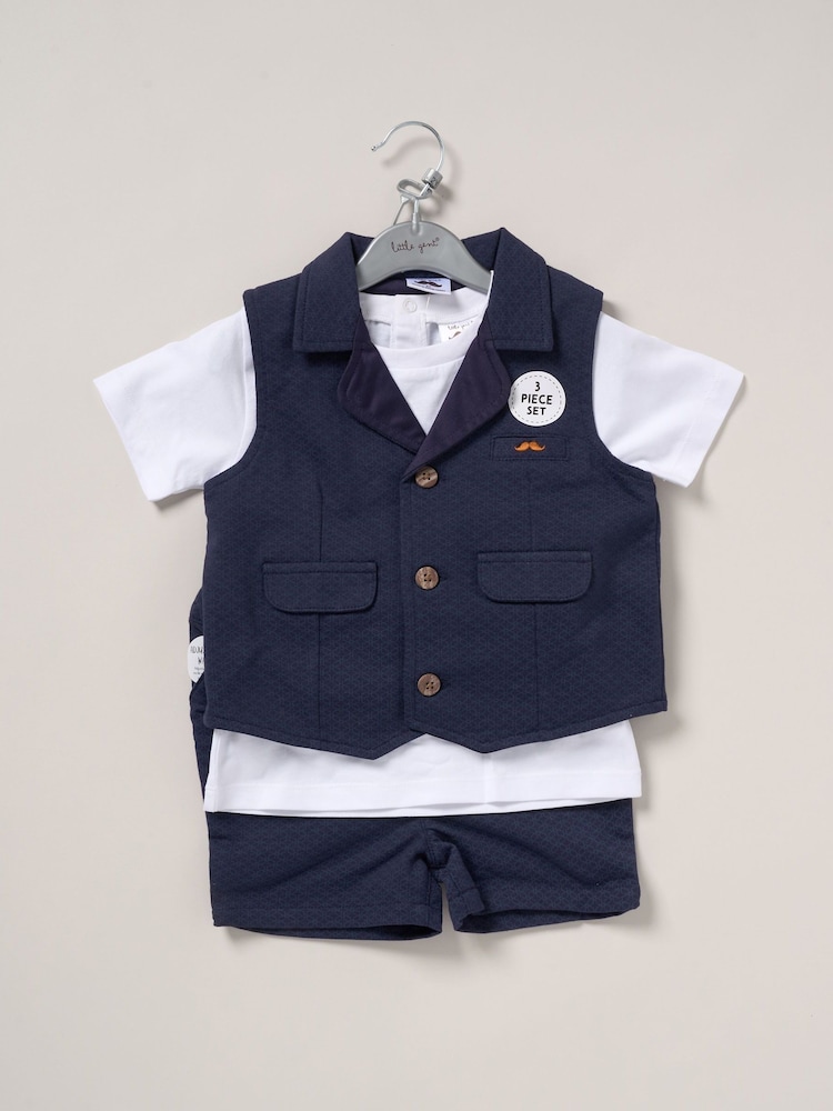 Little Gent Blue 100% Cotton Shirt, Waistcoat & Short Set - Image 5 of 5