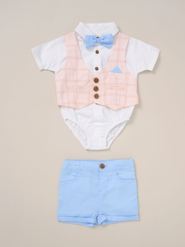 Little Gent 100% Cotton Bodysuit Brown Shirt with Mock Waistcoat Shorts and Bowtie Outfit Set - Image 1 of 5
