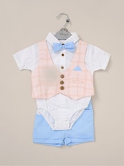 Little Gent 100% Cotton Bodysuit Brown Shirt with Mock Waistcoat Shorts and Bowtie Outfit Set - Image 2 of 5