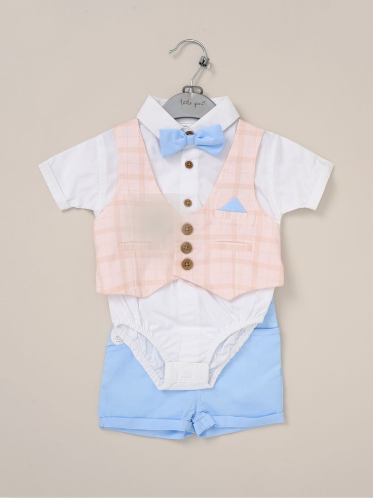 Little Gent 100% Cotton Bodysuit Brown Shirt with Mock Waistcoat Shorts and Bowtie Outfit Set - Image 2 of 5