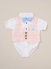 Little Gent 100% Cotton Bodysuit Brown Shirt with Mock Waistcoat Shorts and Bowtie Outfit Set - Image 3 of 5