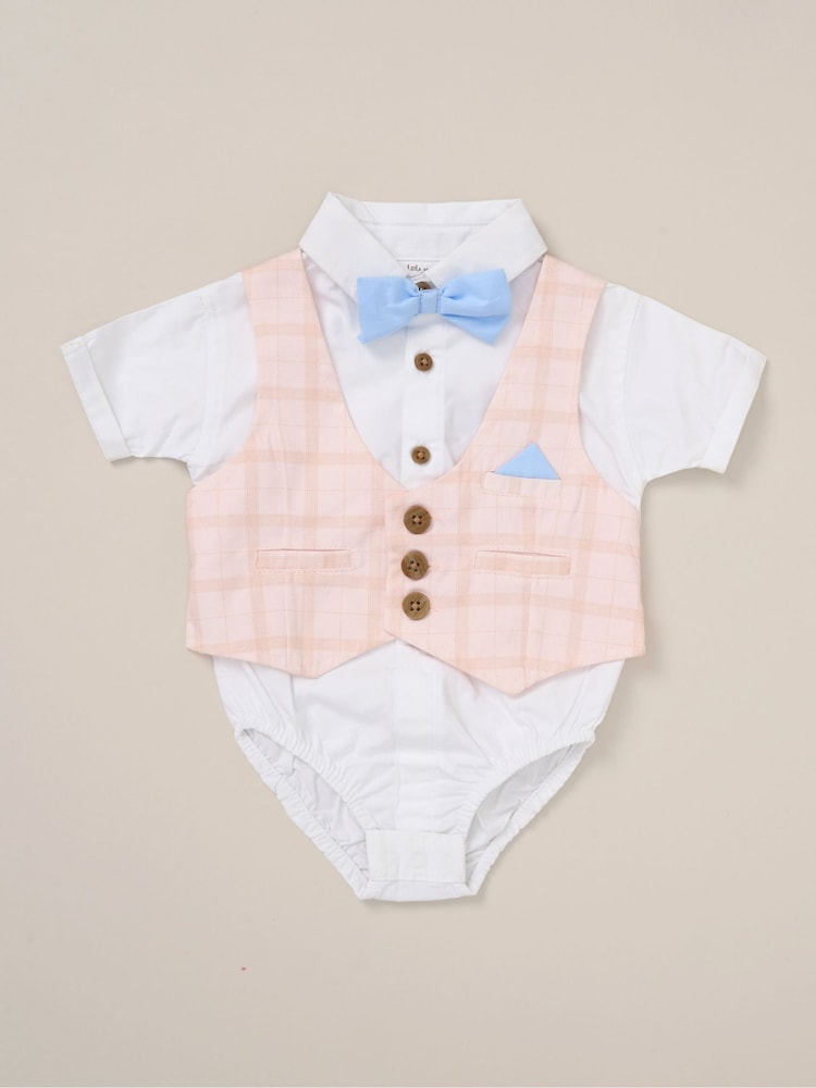 Little Gent 100% Cotton Bodysuit Brown Shirt with Mock Waistcoat Shorts and Bowtie Outfit Set - Image 3 of 5