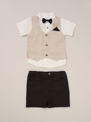 Little Gent 100% Cotton Brown Shirt with Mock Waistcoat Shorts and Bowtie Outfit Set - Image 1 of 5