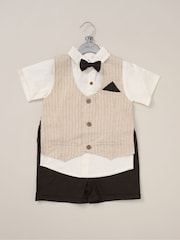 Little Gent 100% Cotton Brown Shirt with Mock Waistcoat Shorts and Bowtie Outfit Set - Image 3 of 5
