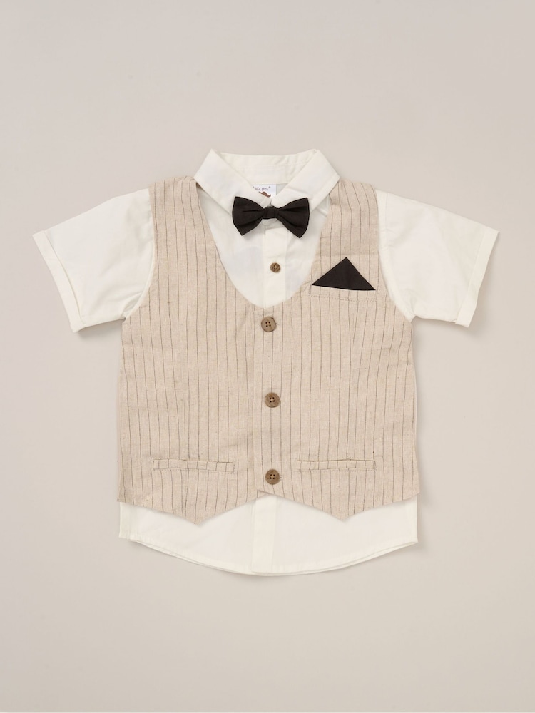 Little Gent 100% Cotton Brown Shirt with Mock Waistcoat Shorts and Bowtie Outfit Set - Image 4 of 5