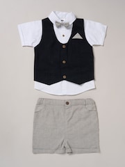 Little Gent 100% Cotton Brown Shirt with Mock Waistcoat Shorts and Bowtie Outfit Set - Image 1 of 5