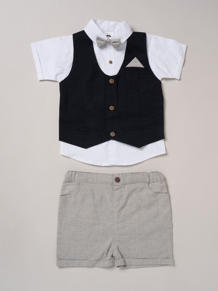Little Gent 100% Cotton Brown Shirt with Mock Waistcoat Shorts and Bowtie Outfit Set - Image 1 of 5