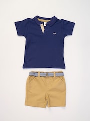 Little Gent Blue Polo Shirt and Belted Shorts Outfit Set - Image 1 of 5