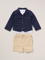 Little Gent Blue 100% Cotton T-Shirt Shorts and Jacket Outfit Set - Image 1 of 4