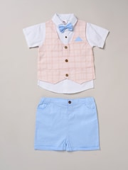 Little Gent 100% Cotton Brown Shirt with Mock Waistcoat Shorts and Bowtie Outfit Set - Image 1 of 5
