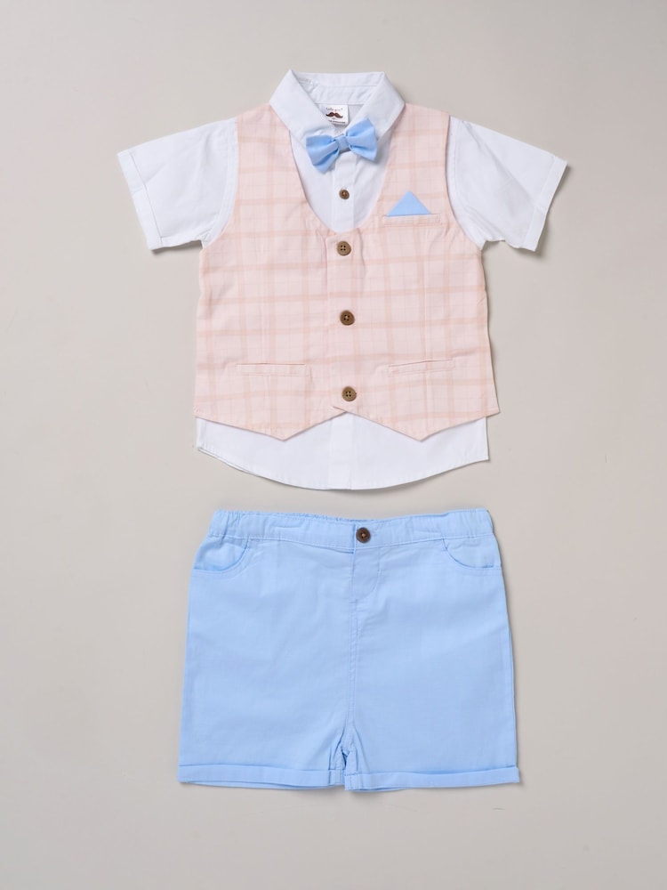 Little Gent 100% Cotton Brown Shirt with Mock Waistcoat Shorts and Bowtie Outfit Set - Image 1 of 5
