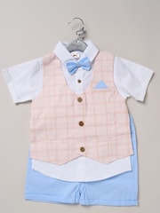 Little Gent 100% Cotton Brown Shirt with Mock Waistcoat Shorts and Bowtie Outfit Set - Image 2 of 5
