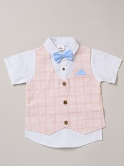 Little Gent 100% Cotton Brown Shirt with Mock Waistcoat Shorts and Bowtie Outfit Set - Image 3 of 5