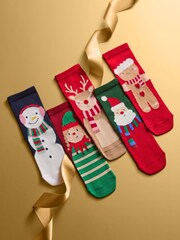 Red and Blue Cotton Rich Christmas Character Print Ankle Socks 5 Pack - Image 1 of 1