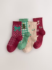 Red/Green and Cream Cotton Rich Christmas Character Ankle Socks 4 Pack - Image 1 of 4