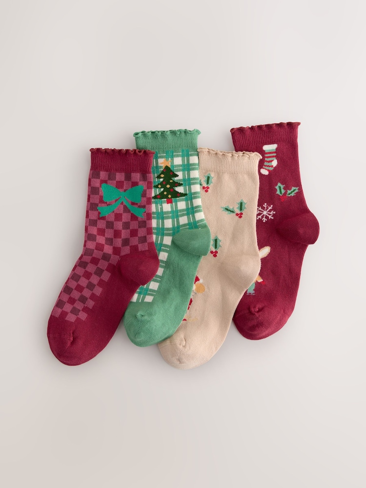Red/Green and Cream Cotton Rich Christmas Character Ankle Socks 4 Pack - Image 1 of 4