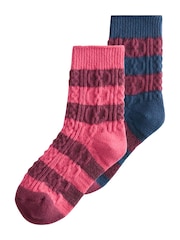 Navy Blue And Burgundy Red Cable Boots Socks 2 Pack - Image 2 of 4