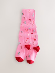 Pink Candy Cane Print Cotton Rich Christmas Tights - Image 1 of 3