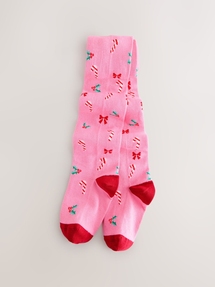 Pink Candy Cane Print Cotton Rich Christmas Tights - Image 1 of 3