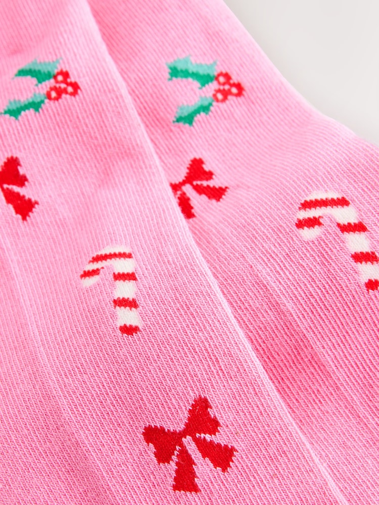 Pink Candy Cane Print Cotton Rich Christmas Tights - Image 3 of 3