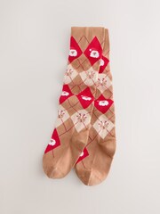 Neutral/Red Santa Argyle Cotton Rich Christmas Tights - Image 1 of 3