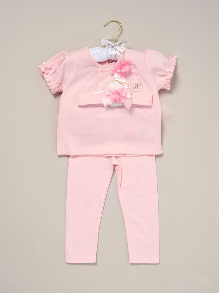 Rock-A-Bye Baby Boutique Rose Ribbon Detail Top, Trouser and Headband Outfit Set - Image 2 of 5 Rock-A-Bye Baby Boutique Rose Ribbon Detail Top, Trouser and Headband Outfit Set - Image 2 of 5